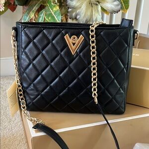 Black Quilted Leather Bag with Gold Chain